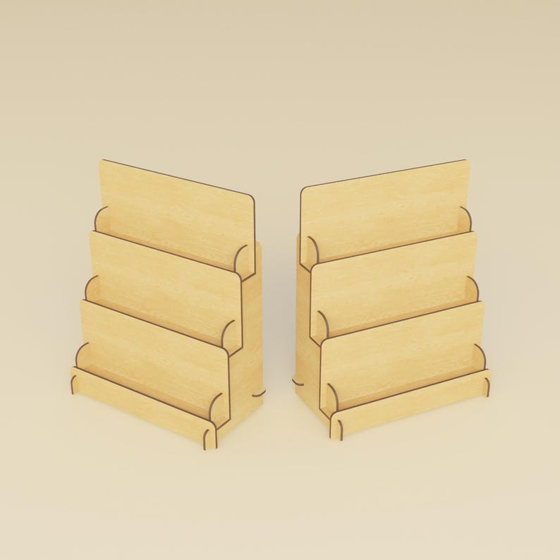May include: Two wooden display stands with a light wood finish. Each stand has four angled shelves, ideal for showcasing items. The stands are designed with a minimalist aesthetic, suitable for retail or home use.