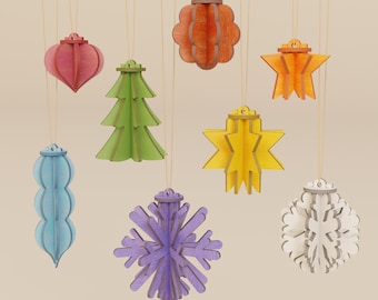 Ornaments - 8 Pack: Laser cut files download, 3mm. Christmas tree ornaments. Collection of 3D figures for winter holidays decor