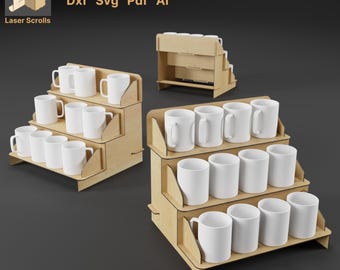 May include: A light brown wooden crafts display stand, holding white mugs. The stand has a tiered design with three levels. Text on the image reads "Crafts Display Stand" and "for 3 mm". Designed for laser cutting.