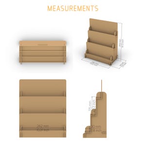 May include: A light brown cardboard display stand with three shelves. The stand is 359 mm high, 290 mm wide, and 146 mm deep. The text "MEASUREMENTS" is at the top of the image.