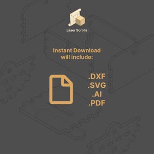 Może przedstawiać: Ilustracja izometryczna na ciemnoszarym tle. Zawiera jasno pomarańczową ikonę pliku i tekst "Instant Download will include: .DXF .SVG .AI .PDF". Obecne jest r&oacute;wnież logo "Laser Scrolls".