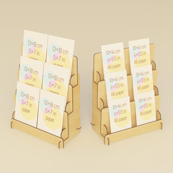 Card display stand - Laser cut files download. Countertop Stand for 5x7" or 10x14 cm A6 cards, prints, stickers, books, arts etc.