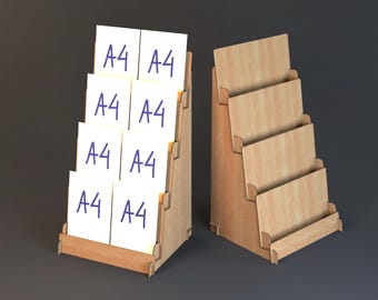 May include: Two wooden display stands. One stand holds white cards with "A4" written on them in blue. The other stand is empty. Both stands have a stepped design with multiple levels for displaying items.