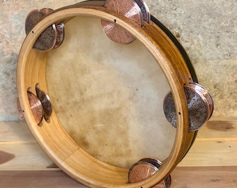 23cm (~9”) Handmade Tambourine/small jingled frame drum/goat skin/repurposed Teak/Maple/hand cut, wrought stainless steel & copper cymbals