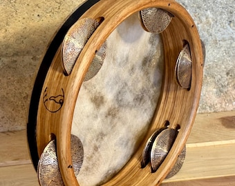23cm (~9”) Handmade Tambourine/Riq hybrid/small jingled frame drum/goat skin/ash/hand wrought bronze cymbals