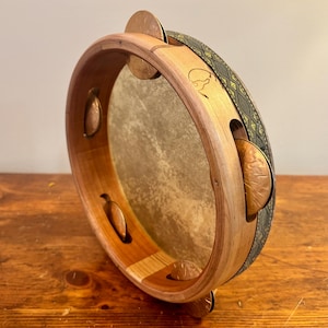 23cm (9”) Tambourine/handmade, small jingled frame drum/goat skin/hammer, forged red brass cymbals