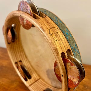 23cm (9”) Handmade Tambourine/Riq/small jingled frame drum/goat skin/ash/hand cut, hammer forged nickel silver and copper cymbals