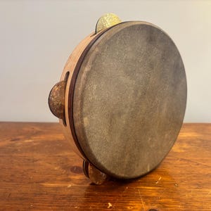 23cm (~9”) Tambourine/handmade, small jingled frame drum/hammer forged brass and copper cymbals