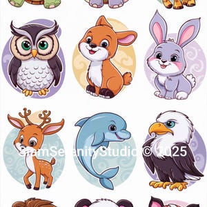 Disney-Style Tier Sticker | Ukiyo-e inspirierte digitale Aufkleber Set | Niedliche Cartoon-Tiere | Druckbares JPG Download