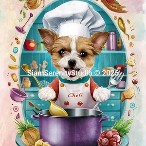 Cartoon Chef Dog Portrait in Whimsical Kitchen - Digital Download