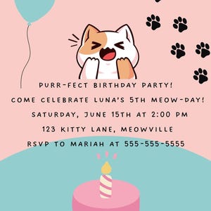 Editable Cat Birthday Invitation | Pink Kitten Party Invite for Girls | Instant Digital Download