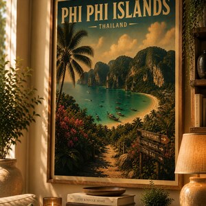 May include: A framed travel poster of the Phi Phi Islands in Thailand, featuring a tropical bay with turquoise water, long-tail boats, and lush cliffs. A wooden signpost points towards Viewpoint, Long Beach, and Ton Sai, set against a sunset sky.