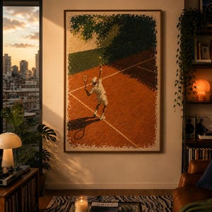 Può includere: Una grande opera d'arte murale rettangolare incorniciata che raffigura un tennista in abiti bianchi che serve una pallina gialla su un campo in terra battuta arancione testurizzato, con fogliame verde scuro sullo sfondo.