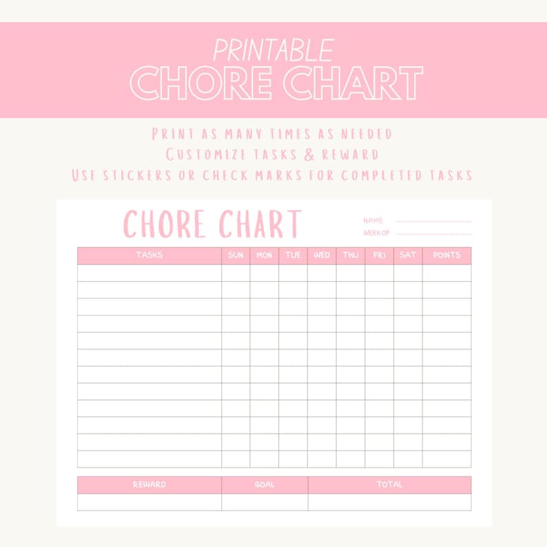 Printable Tue Simple Printable Chore Chart | Task Chart | Reward Chart - Etsy