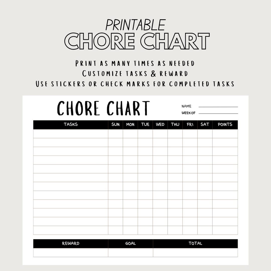 Chore Task Graph Simple Black & White Printable Chore Chart | Task Chart ...