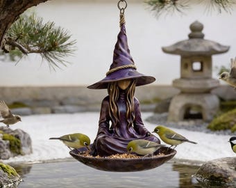 Comedero para pájaros con forma de bruja, comedero colgante para pájaros, comedero para pájaros de exterior, comedero para pájaros de árbol, estatua de comedero para pájaros, estatuas góticas de jardín, comedero para pájaros de jardín