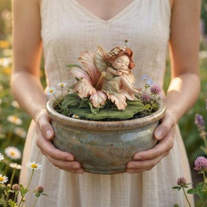 Può includere: Un vaso di ceramica con una statuina di fata addormentata adagiata in un grande fiore. La fata ha i capelli rossi e indossa un vestito verde. Il fiore è color pesca e il vaso è verde tenue.