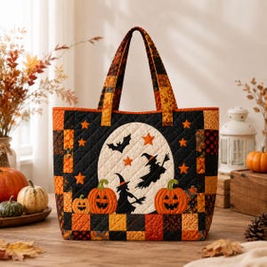 Quiltad Halloween-tygväska med häxa och pumpa, lapptäcke