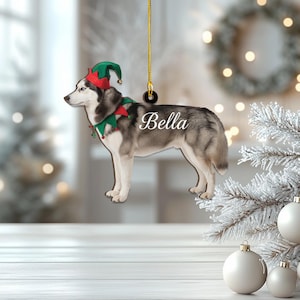 Christmas Dog Ornament with Name, Personalized Husky Memorial Gift, Pet Wearing Elf Attire, Custom Photo Decoration, Hanging Keepsake