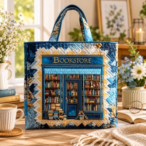 Quiltad bokhandelsväska, handgjord biblioteksväska i canvas, unik present till bokälskare
