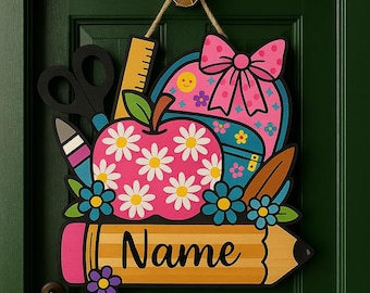 Personalized Teacher Door Sign: Apple, Pencil, Floral Classroom Decor