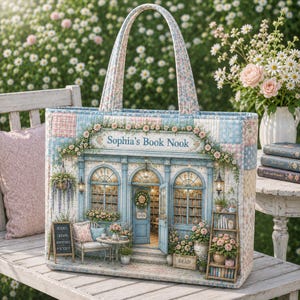 Op de afbeelding: Een gewatteerde draagtas met een bedrukte illustratie van een boekenwinkel met de tekst Sophia's Book Nook. Het ontwerp bevat blauwe architecturale details, bloemaccenten, een klein bankje en een boekenplank op een patchwork achtergrond.