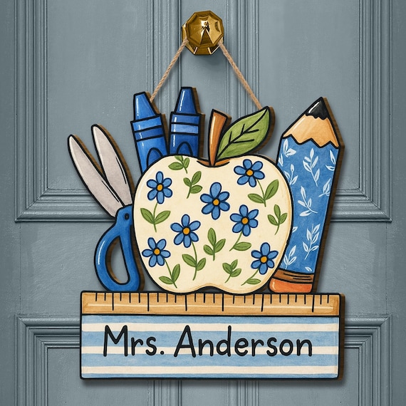 Personalized Teacher Door Sign, Floral Apple Classroom Decor, Back to School Wood Sign, Chinoiserie Teacher Gift, Custom Pencil Ruler Plaque