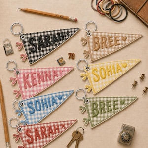 Personalized Pennant Keychain Embroidered Name Tag For Backpack Custom Gingham Key Ring