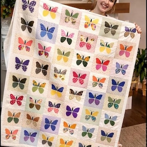 Edredón moderno de patchwork con mariposas, hecho a mano, colorido, de algodón, manta, colcha