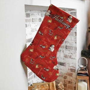 Custom Name Christmas Stocking for Anthony, Retro Holiday Print Fabric, Traditional Red Fireplace Decoration, Classic Family Xmas Gift