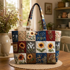 May include: A quilted tote bag featuring a patchwork design of various floral patterns, including sunflowers, daisies, and wildflowers in shades of yellow, blue, red, and brown. The bag has two matching fabric handles and a single wooden button closure.
