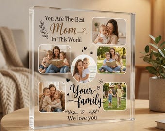 Regalo personalizado para el Día de la Madre 2026: Bloque acrílico personalizado con la frase "La mejor mamá del mundo" y placa con collage de fotos familiares. Regalo de cumpleaños para mamá.