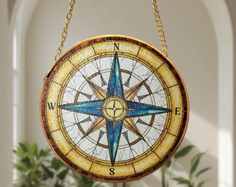 Stained Glass Compass Rose Suncatcher, Vintage Nautical Directional Art, Ocean Theme Window Hanging, Unique Travel Adventure Lover Gift Idea