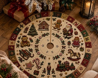 Vintage Christmas Tree Skirt 2026, Quilted Santa Gingerbread Holiday Decor, Patchwork Xmas Tree Mat, Rustic Farmhouse Christmas Decor