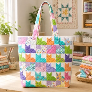 May include: A quilted tote bag featuring a repeating pattern of colorful fabric squares in shades of pink, purple, orange, green, and blue. The bag has two long, matching quilted shoulder straps and a white fabric border along the edges.