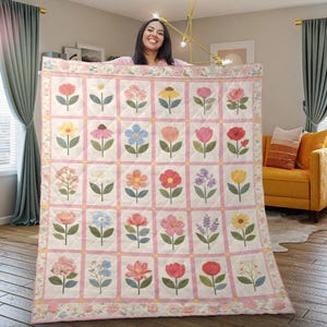 Koc patchworkowy z kwiatowym motywem ogrodowym, pościel z aplikacją kwiatową do uroczej dekoracji sypialni