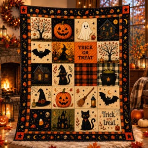 Könnte beinhalten: Eine rechteckige Halloween-Steppdecke mit einem Raster aus sechzehn Quadraten, die Kürbisse, Geister, schwarze Katzen, Fledermäuse, Spukhäuser, einen Kessel und einen Besen zeigen. Der Text lautet Trick or Treat und Trick are treat.