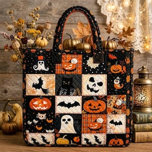 Op de afbeelding: Een gewatteerde draagtas met een patchworkontwerp met Halloween-motieven zoals geesten, zwarte katten, vleermuizen, schedels en pompoenen in zwart, oranje en crèmekleuren. De tas heeft twee stoffen handvatten en een vierkante vorm.