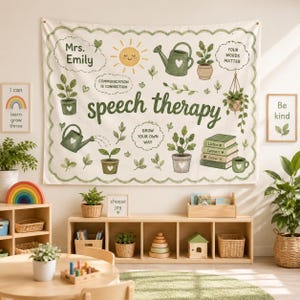 May include: A cream-coloured wall tapestry featuring a scalloped green border and illustrations of plants, watering cans, and books. The text reads Mrs. Emily, Communication is connection, Speech therapy, Grow your own way, and Your words matter.