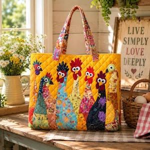 May include: A quilted tote bag featuring a bright yellow background with a colorful applique design of six chickens. The chickens are crafted from various floral and patterned fabrics in shades of blue, red, purple, and green. The bag has two handles.