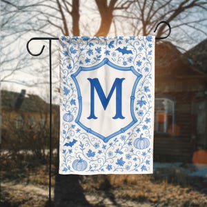 Custom Garden Flag With Blue Floral Chinoiserie Design, Letter Family Name Fall Porch Decoration, Elegant Outdoor Yard Sign For Halloween