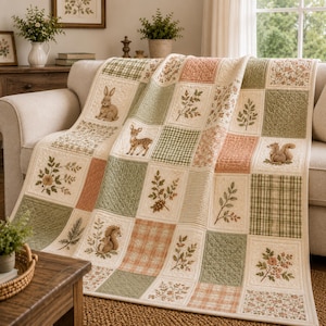 Puede incluir: Una colcha de patchwork con un patrón repetitivo de cuadrados con ilustraciones de conejos, ciervos y ardillas, intercalados con motivos florales, cuadros verdes y naranjas, y texturas acolchadas en tonos tierra de crema, salvia y óxido.