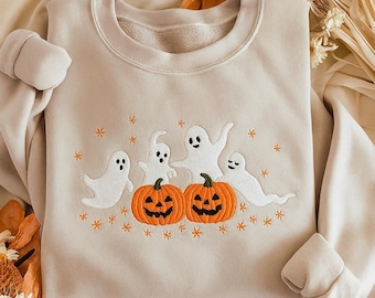 Embroidered Ghost Pumpkin Sweatshirt: Cozy Halloween Crewneck