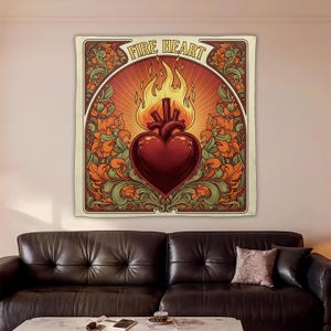 Fire Heart Tapestry Wall Hanging with Sacred Heart and Floral Design, Boho Vintage Style Home Decor for Living Room or Bedroom