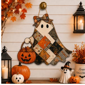 May include: A ghost-shaped wall hanging featuring a patchwork design of various autumn-themed fabrics in orange, black, and cream. The ghost has two black eyes, a plaid bow at the top, and holds a jack-o'-lantern bucket filled with fall leaves.