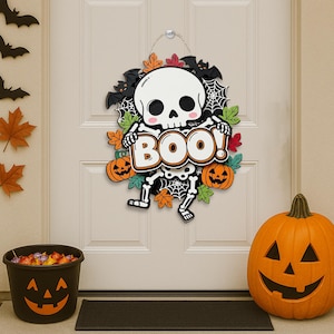 BOO Skelet Halloween-deurhanger – Schattig spookpompoen herfstdecor – Trick or Treat-bord – hangend veranda – kindvriendelijk spookachtig decor