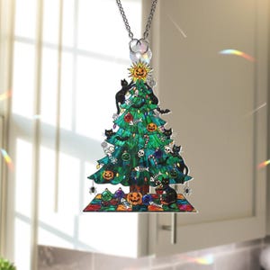 Halloween Christmas Tree Window Hanging | Spooky Holiday Hologram Suncatcher | Gothic Ornaments Decor | Cute Creepy Xmas Gift