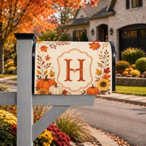 May include: A rectangular mailbox cover featuring a cream background with a decorative autumn theme. The design includes orange and white pumpkins, sunflowers, and fall leaves. A large, ornate letter H is centred within a scalloped frame.