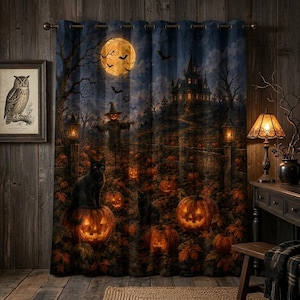 May include: A Halloween-themed curtain featuring a dark night scene with a full moon, a haunted house on a hill, a scarecrow, and black cats sitting among glowing jack-o'-lanterns in a pumpkin patch. The design includes bats and bare trees.