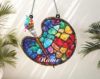 Stained Glass Art Suncatcher, Personalized Painter Gift, Colorful Palette and Brush Window Panel, Custom Art Teacher Appreciation Present